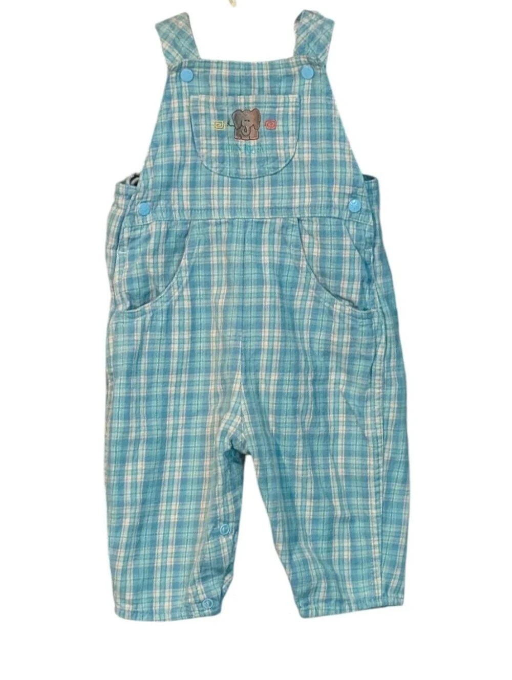 Oshkosh B'gosh Vintage Rare Embroidered Elephant Blue Plaid Flannel Overalls